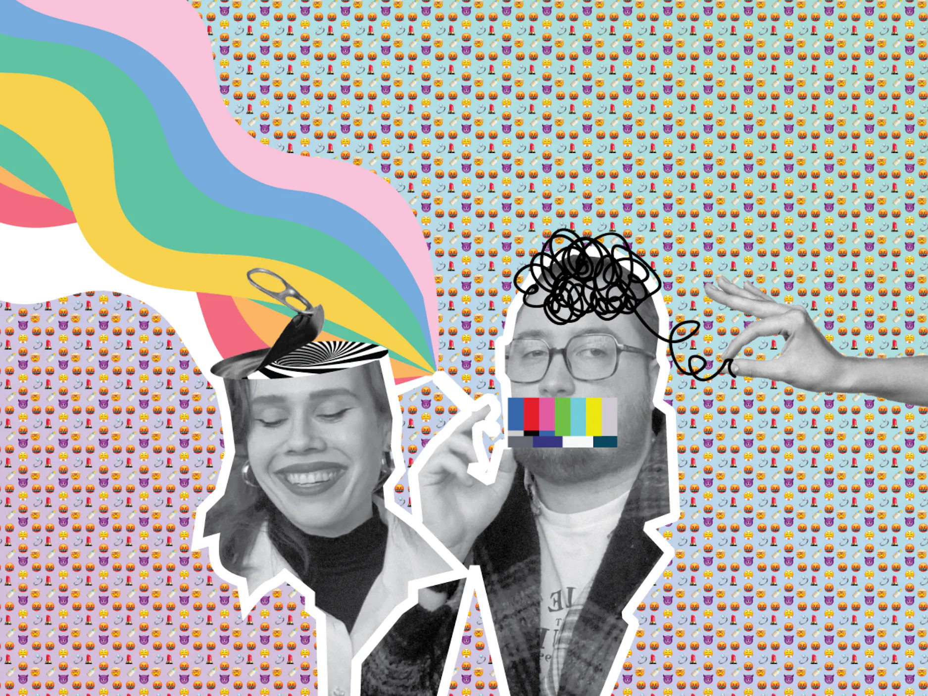 Digitalni kolaž, na njem izrezi obrazov avtorjev pogovorov, moški ima v rokah cigareto, iz katere se vije mavrični dim, v ozadju številni emotikoni